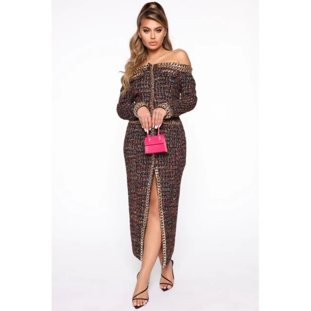 Off-Shoulder Tweed Midi Dress in Multicolor